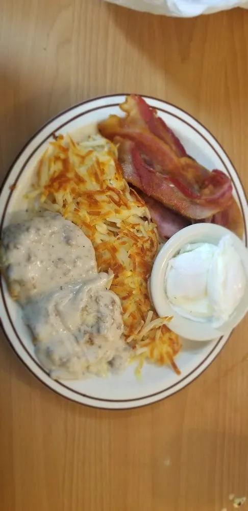 Biscuits and Sausage Gravy with Poached Egg